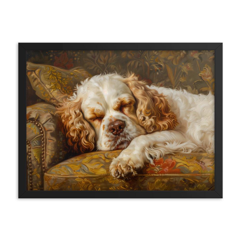 Clumber Spaniel Sleeping on Floral Sofa Painting Framed Poster - Oh Posters