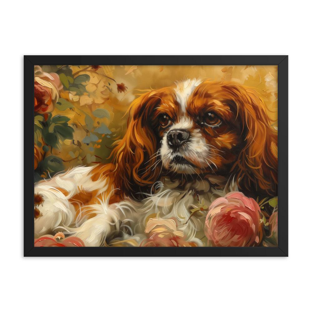 English Toy Spaniel Lying Among Roses Painting Framed Poster - Oh Posters