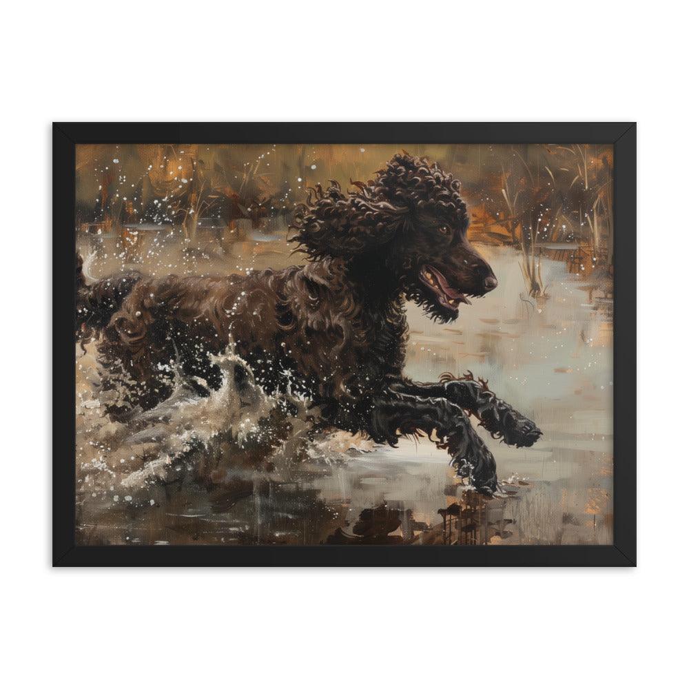 Irish Water Spaniel Splashing in Lake Art Framed Poster - Oh Posters