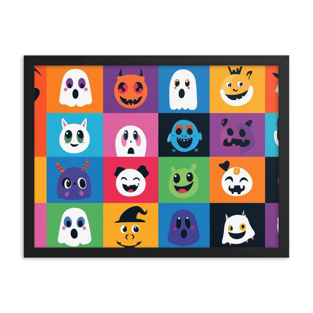 Cheerful Halloween Ghosts and Pumpkins Cartoon Faces Framed Poster - Oh Posters