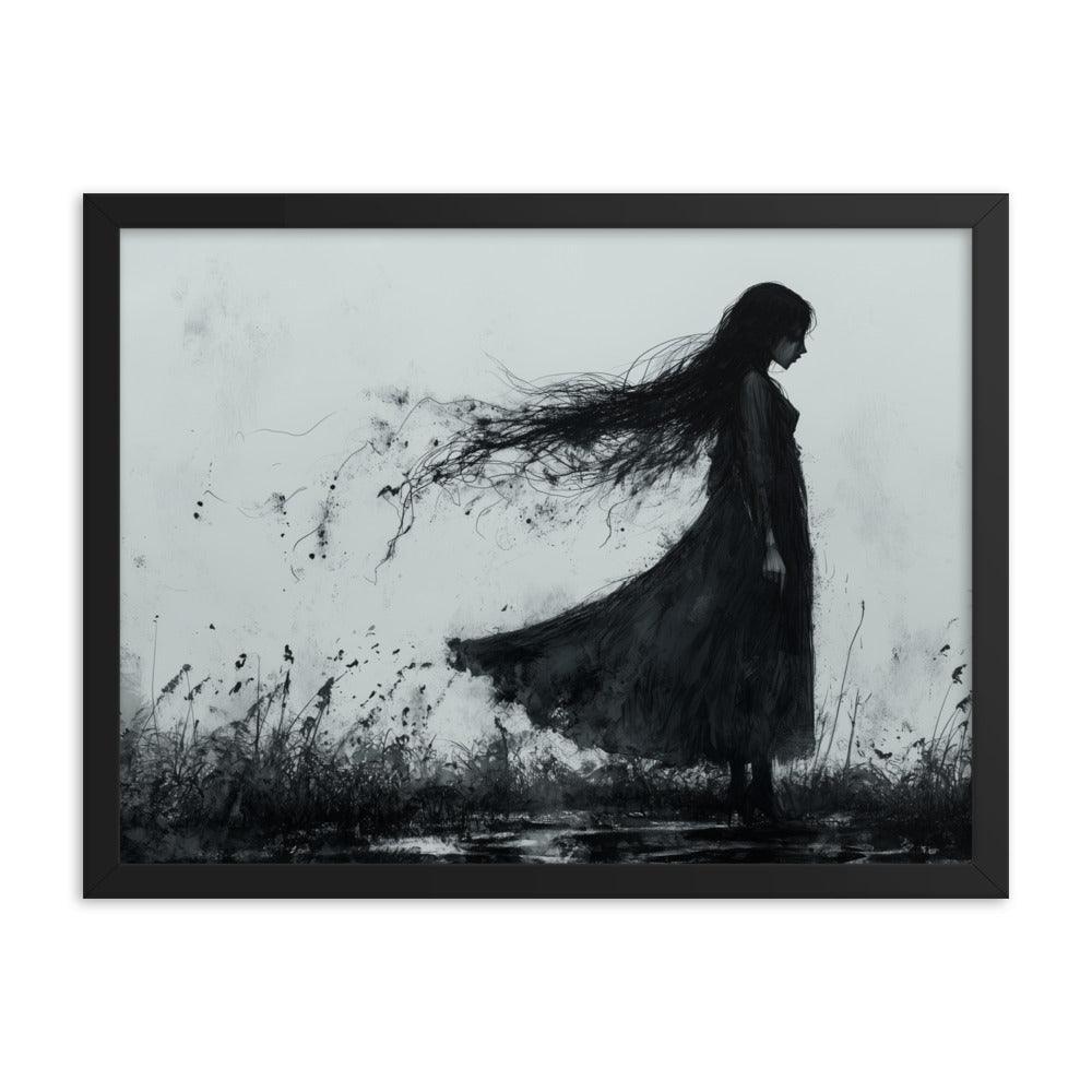 Dark Silhouette Woman in Gloomy Field Ink Illustration Framed Poster - Oh Posters