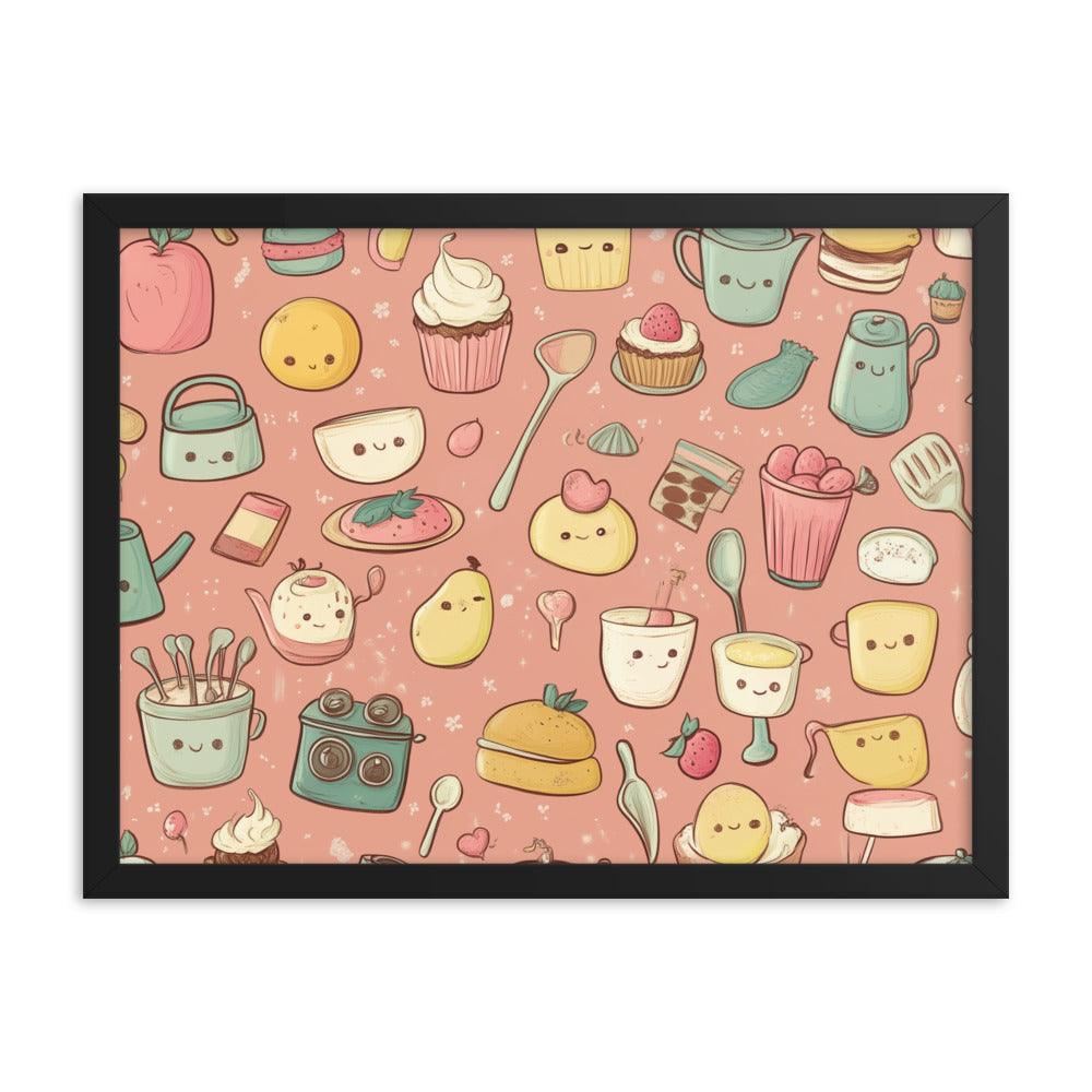 Kawaii Food and Kitchen Utensils Cute Doodle Pattern Framed Poster - Oh Posters