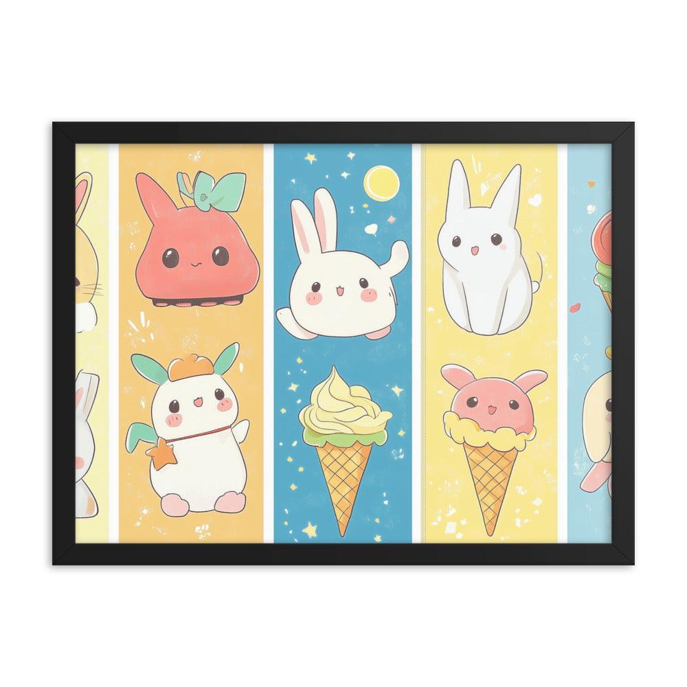 Kawaii Bunnies and Ice Cream Cute Character Strip Digital Art Framed Poster - Oh Posters