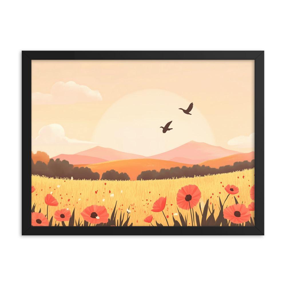 Sunset Field with Poppies and Birds in Pastel Landscape Framed Poster - Oh Posters
