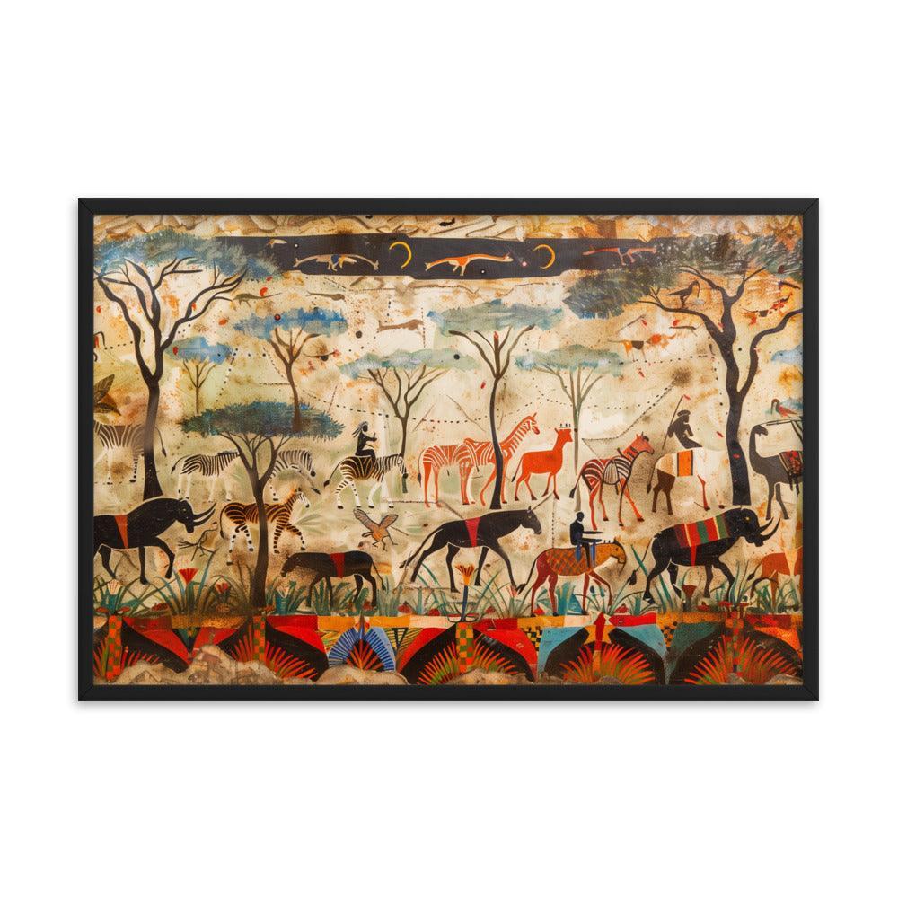 Kenya Wildlife and Tribal Art Illustration Framed Poster - Oh Posters