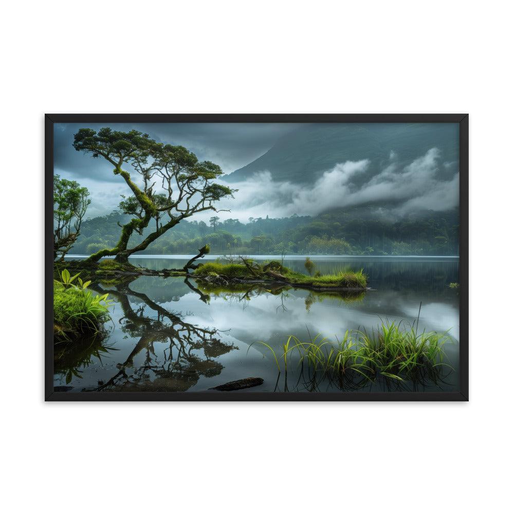 Indonesia Serene Lake Misty Mountains Framed Poster - Oh Posters