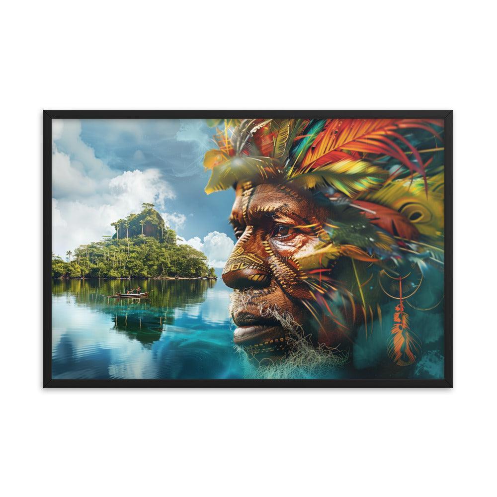 Papua New Guinea Indigenous Portrait and Island Landscape Framed Poster - Oh Posters