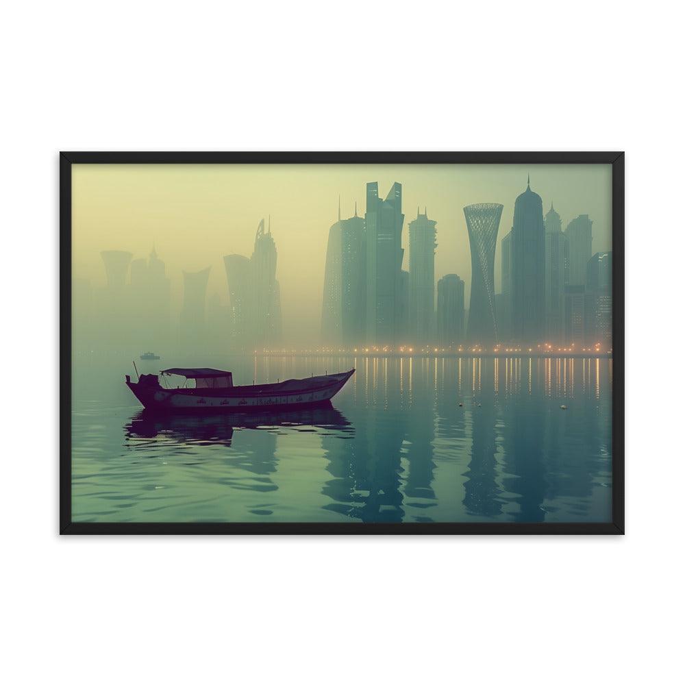 Qatar Foggy City Skyline Reflective Water Framed Poster - Oh Posters