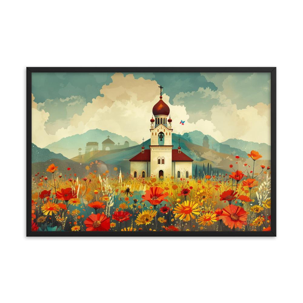 Romania Mountain Church Field of Flowers Framed Poster - Oh Posters