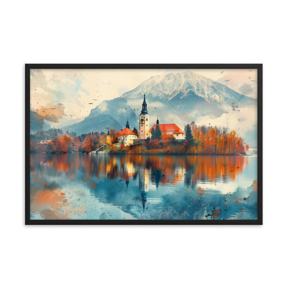 Slovenia Autumn Lakeside Church Reflection Framed Poster - Oh Posters