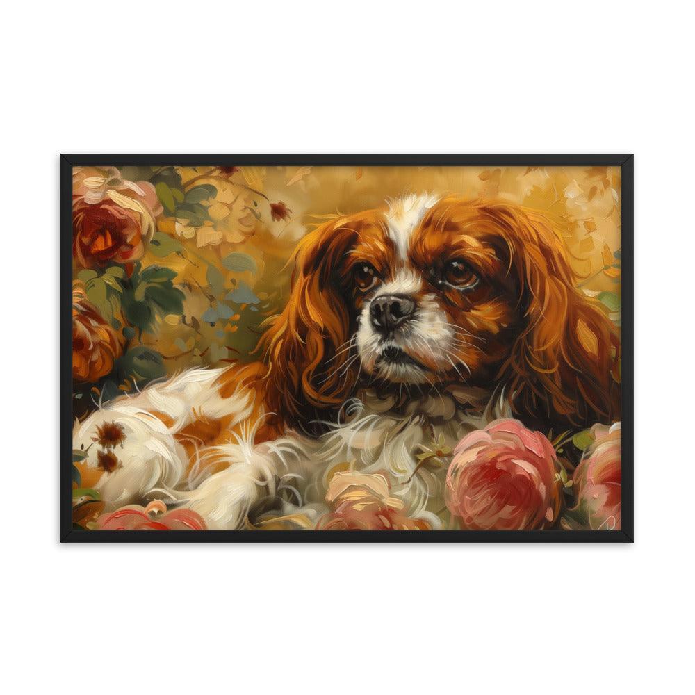 English Toy Spaniel Lying Among Roses Painting Framed Poster - Oh Posters