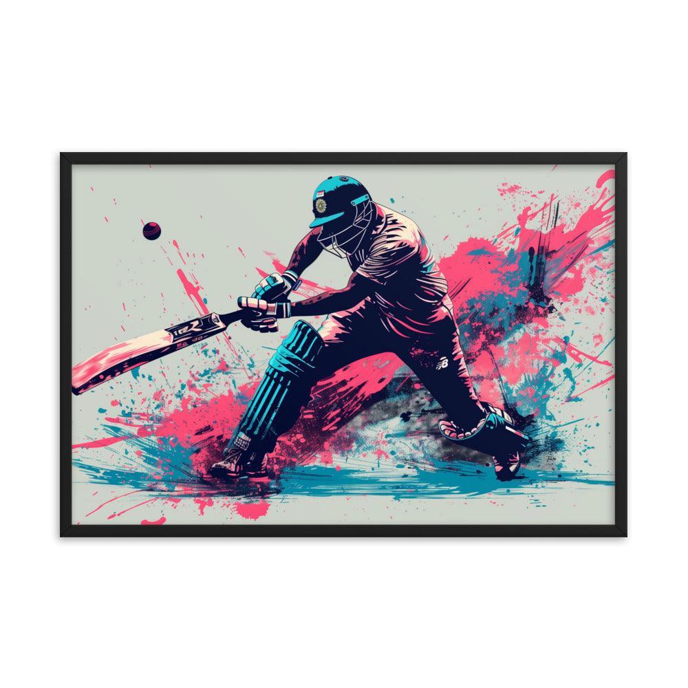 Cricket Player Dynamic Batting Action Abstract Art Framed Poster - Oh Posters