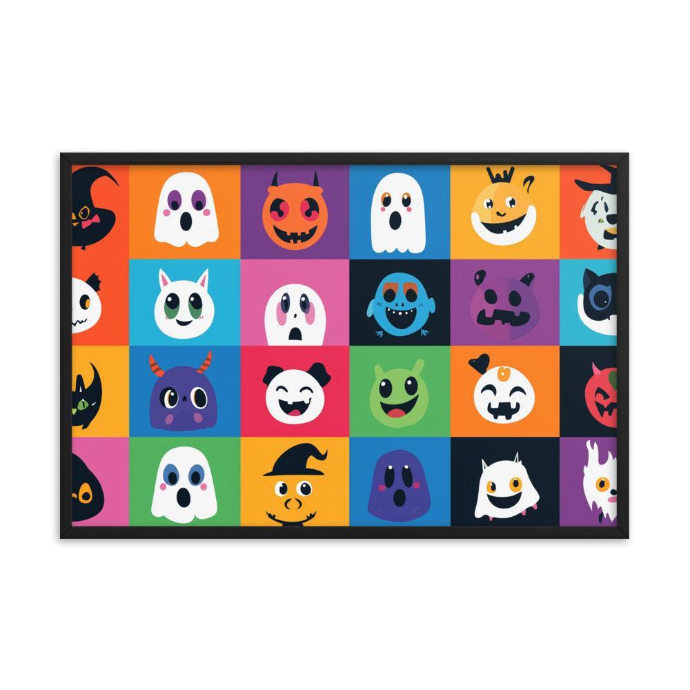 Cheerful Halloween Ghosts and Pumpkins Cartoon Faces Framed Poster - Oh Posters