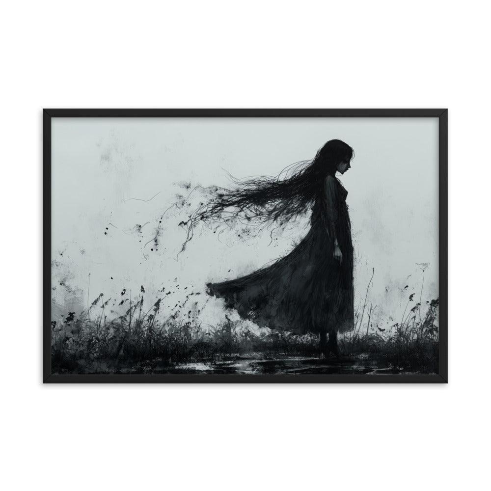 Dark Silhouette Woman in Gloomy Field Ink Illustration Framed Poster - Oh Posters