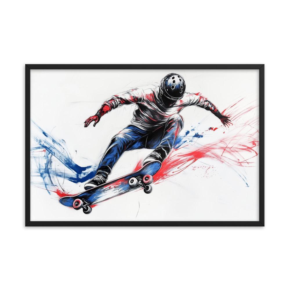 High-Energy Skateboarder with Helmet Abstract Sketch Framed Poster - Oh Posters