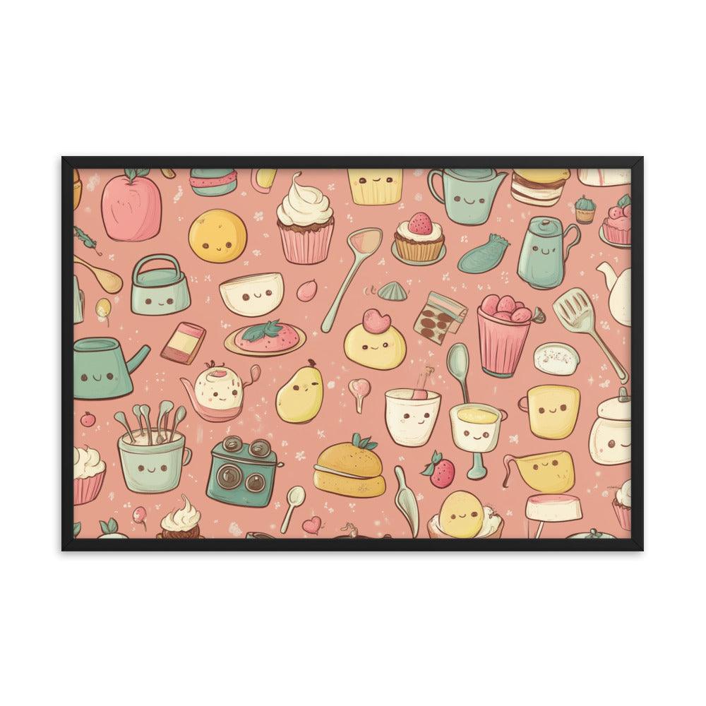 Kawaii Food and Kitchen Utensils Cute Doodle Pattern Framed Poster - Oh Posters