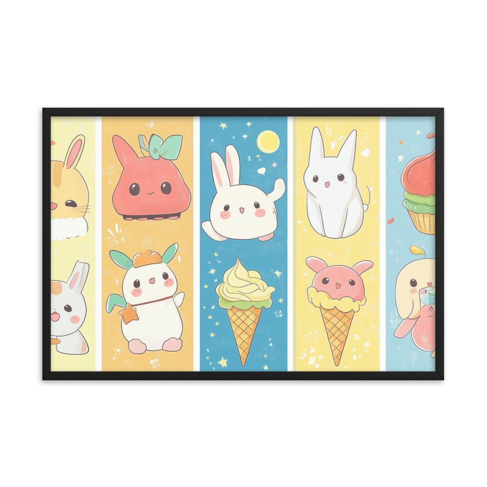 Kawaii Bunnies and Ice Cream Cute Character Strip Digital Art Framed Poster - Oh Posters