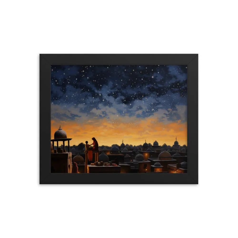 Indian Rooftop House Starry Night Sky Painting Framed Poster - Oh Posters