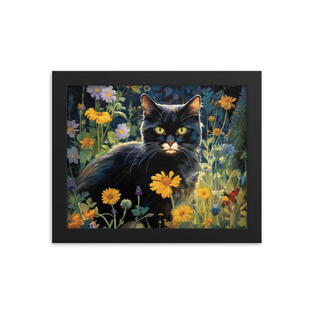 Cat in Moonlit Floral Garden Framed Poster - Oh Posters