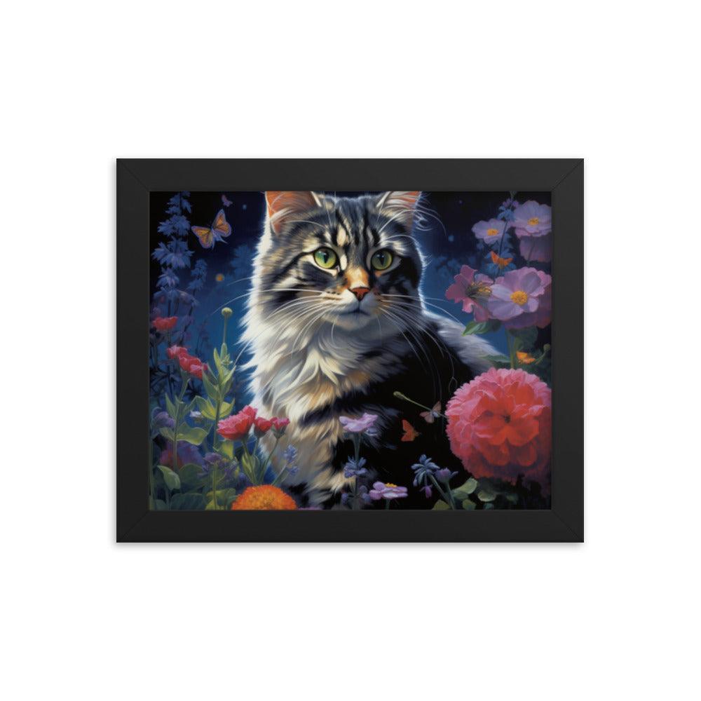 Cat in Moonlit Floral Garden Framed Poster - Oh Posters