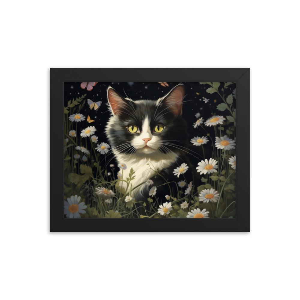 Cat in Moonlit Floral Garden Framed Poster - Oh Posters