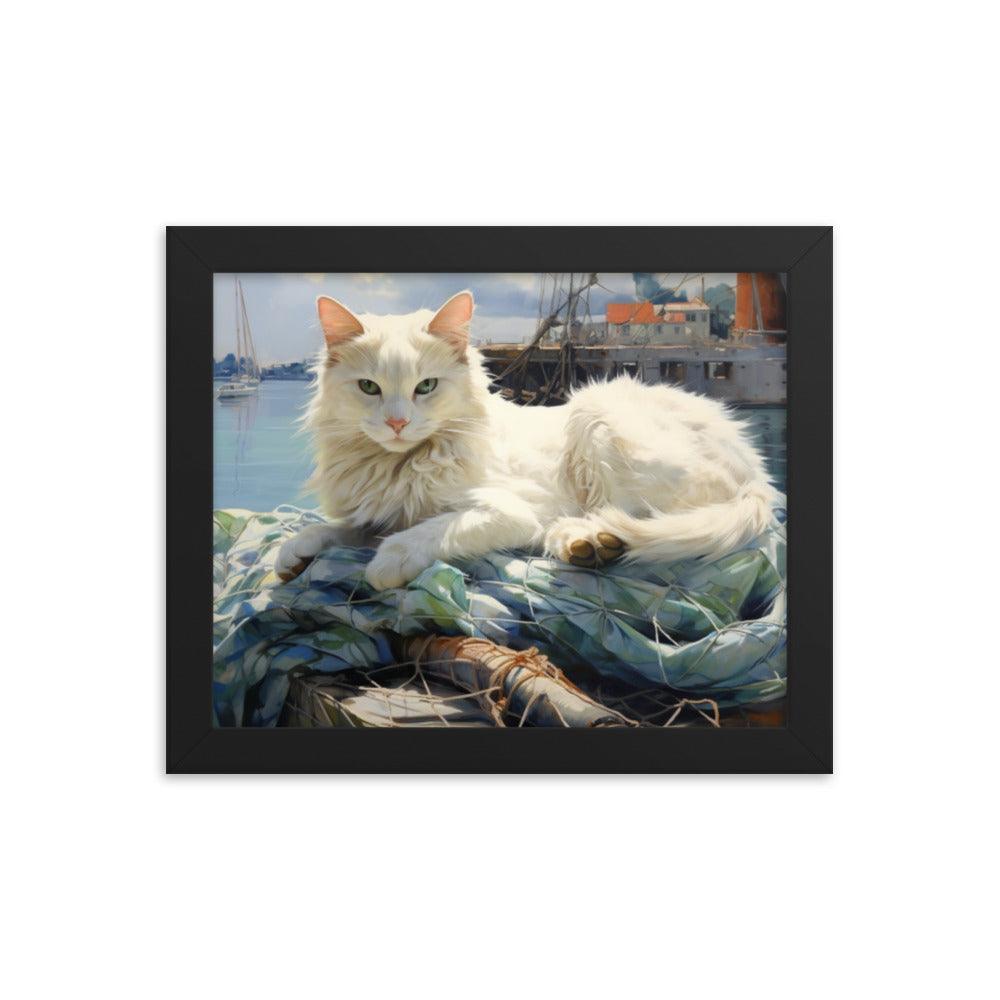 Cat Lounging at Seaside Harbor Framed Poster - Oh Posters