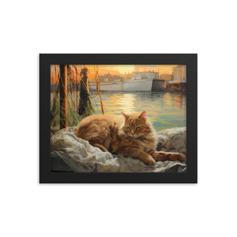 Cat Lounging at Seaside Harbor Framed Poster - Oh Posters