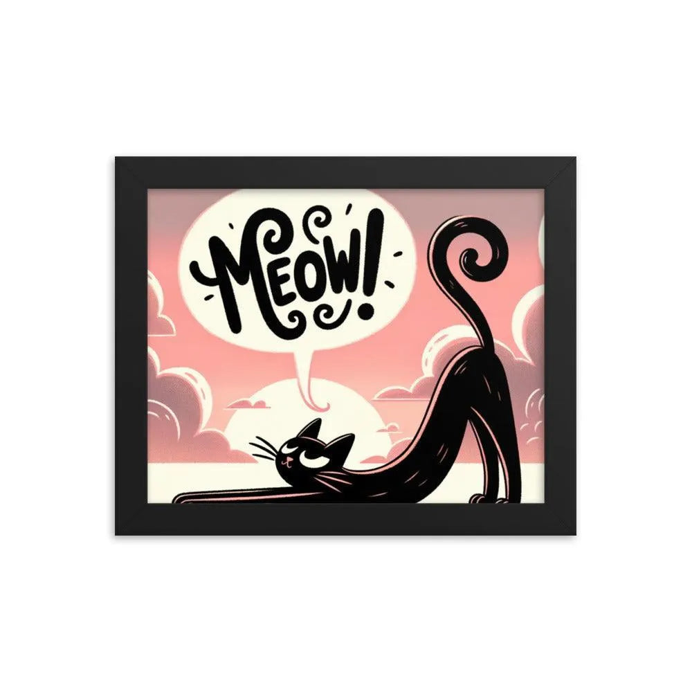 Cat Stretching Saying Meow at Sunset Framed Poster - Oh Posters