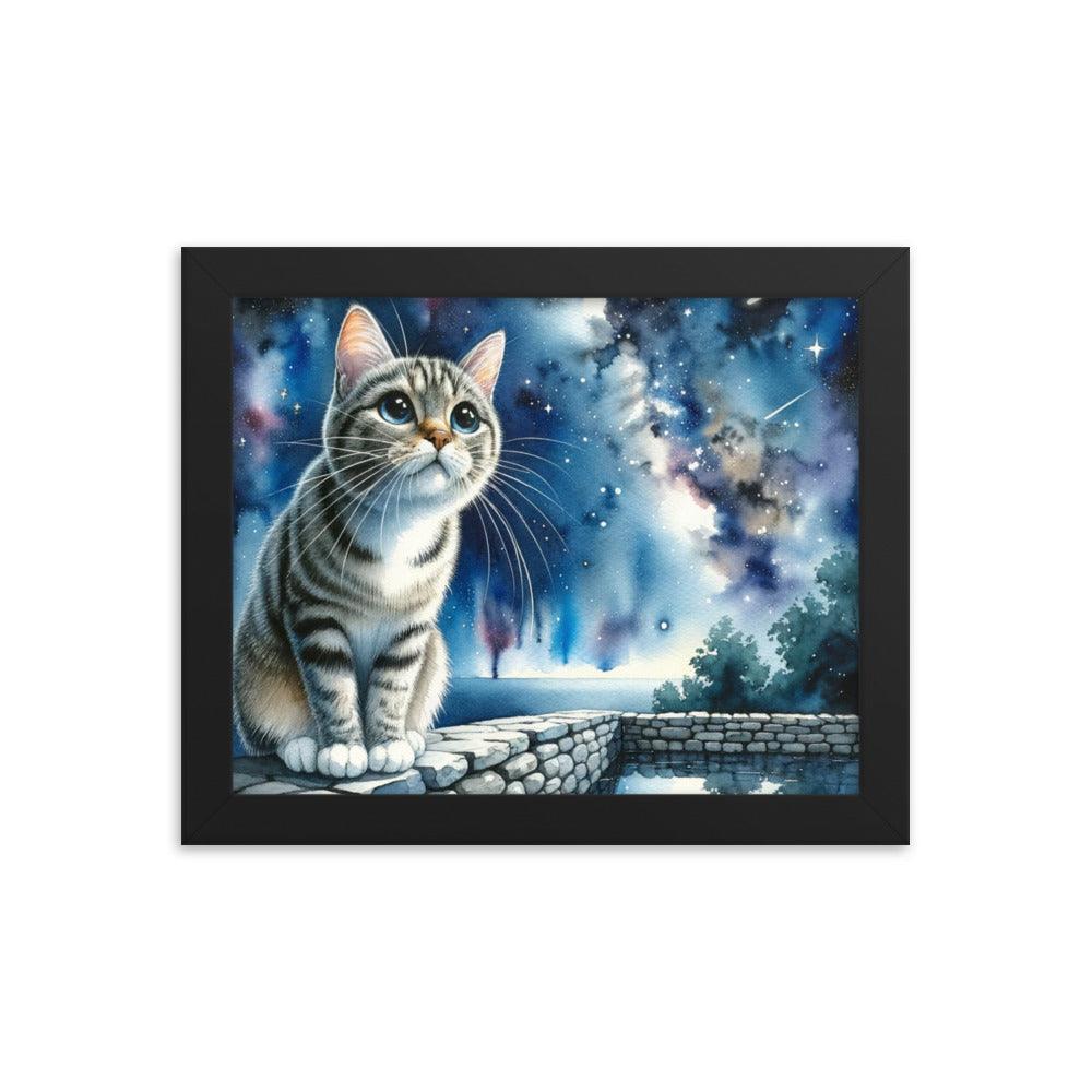 Cat on Wall under Starry Sky - Mystical Framed Poster - Oh Posters