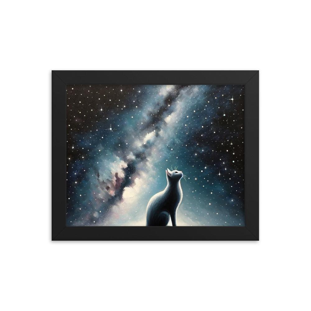 Cat on Hill Gazing at Moonlit Milky Way - Celestial Framed Poster - Oh Posters