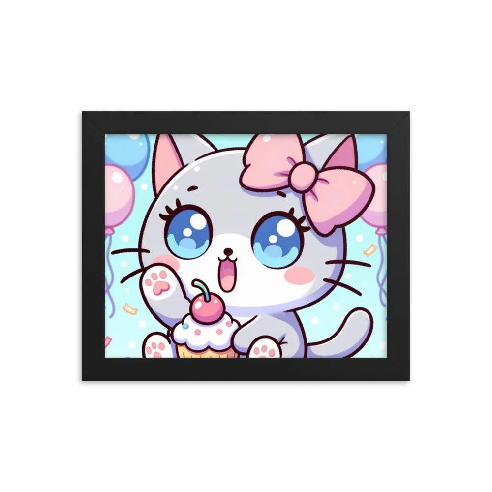 Kawaii Grey Cat with Cupcake Cute Anime Style Framed Poster - Oh Posters