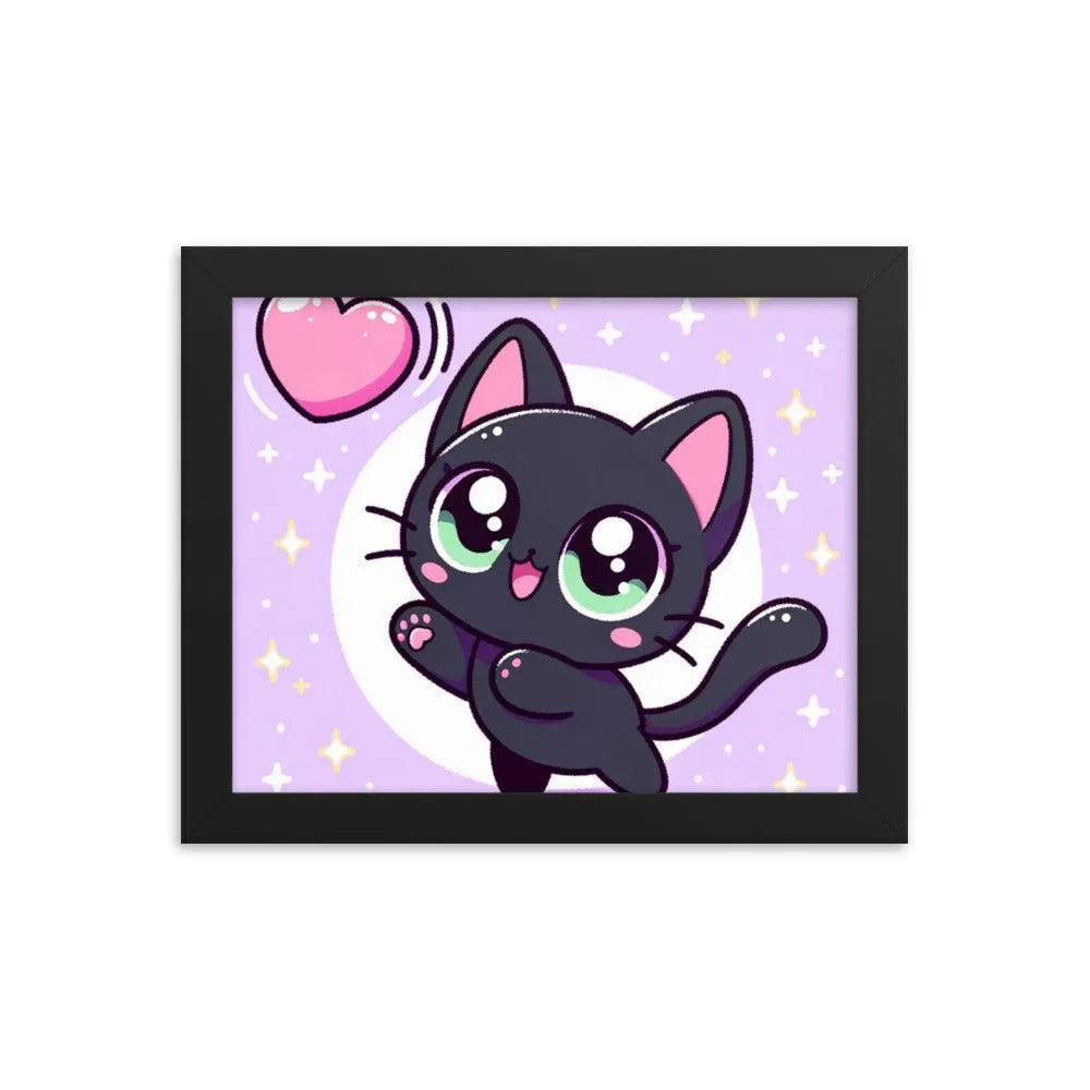 Kawaii Black Cat Heart Balloon Cute Illustration Framed Poster - Oh Posters