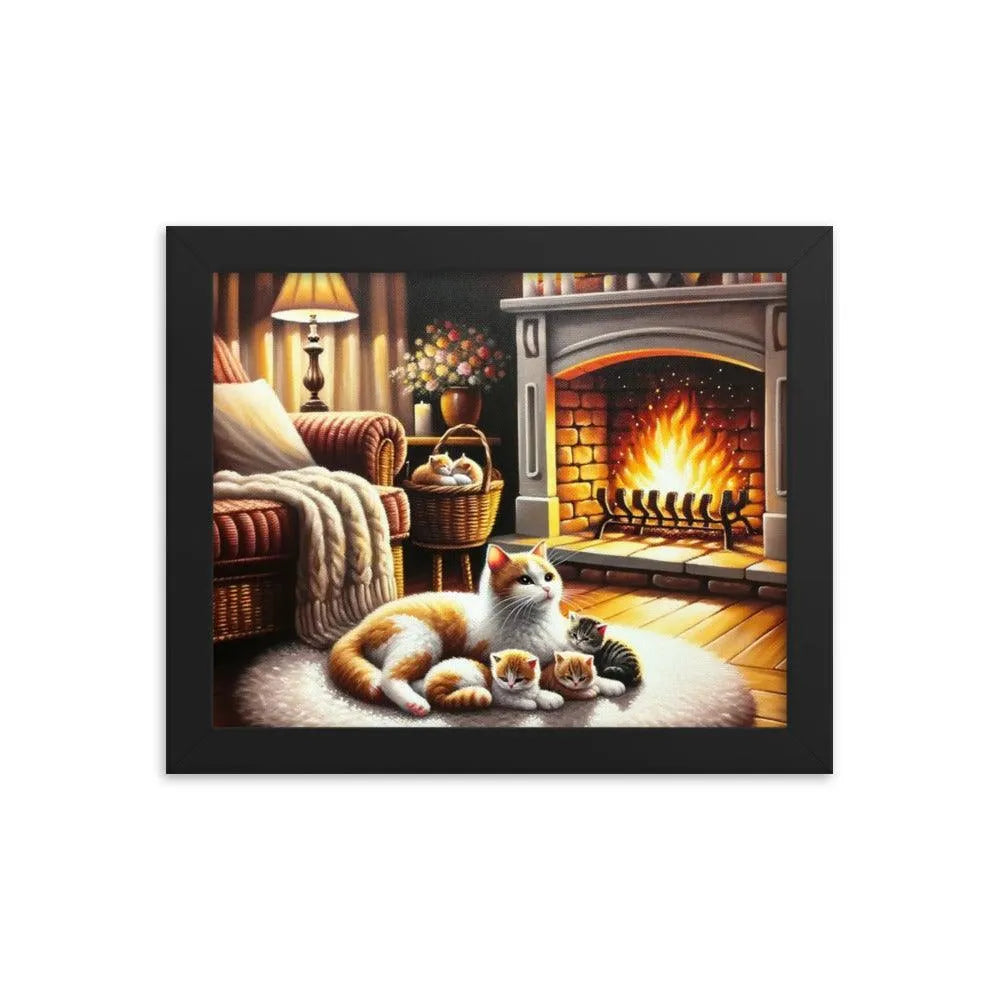 Cozy Fireplace Cat and Kittens Relaxing Art Framed Poster - Oh Posters