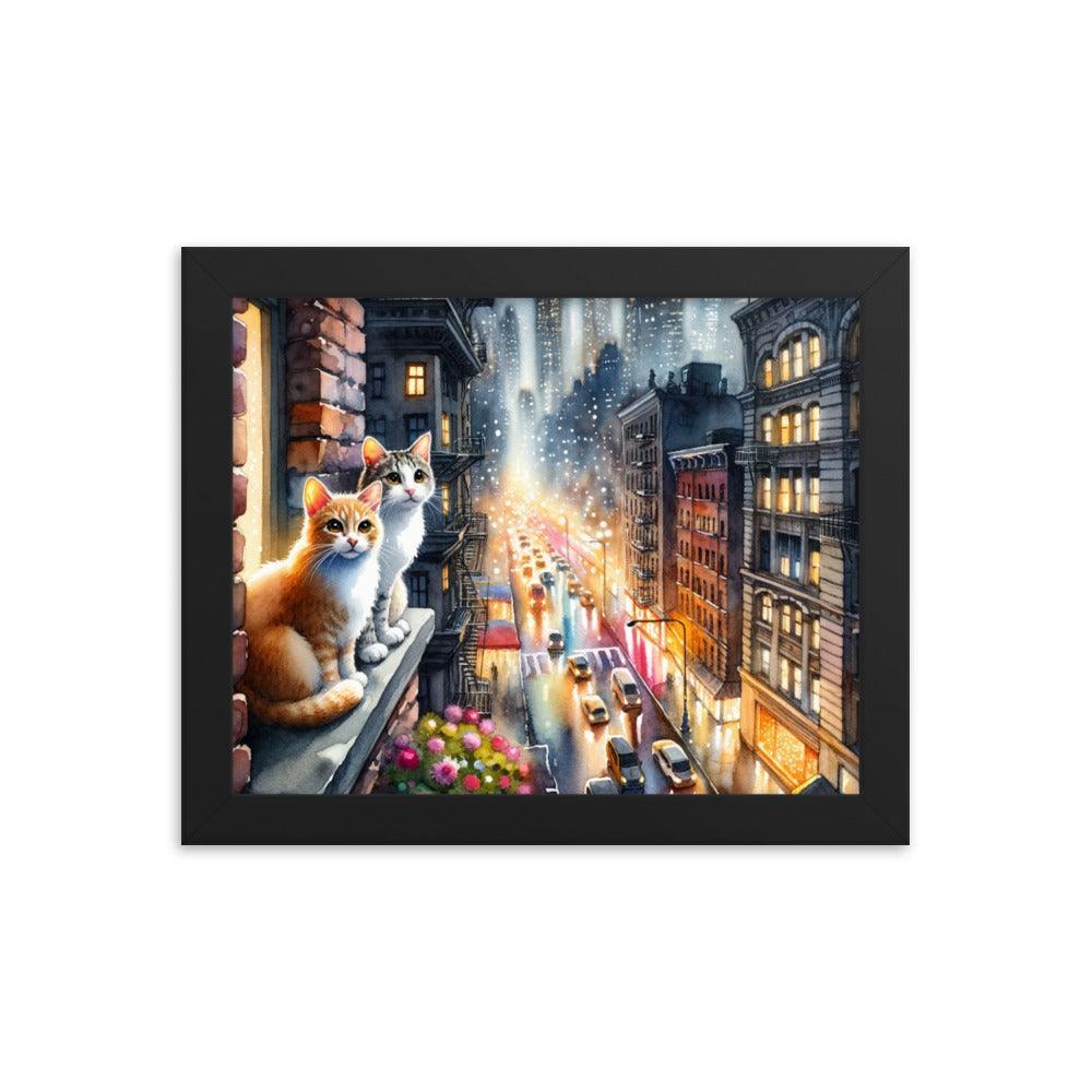 Cats on Windowsill Observing City Lights - Urban & Expressive Framed Poster - Oh Posters