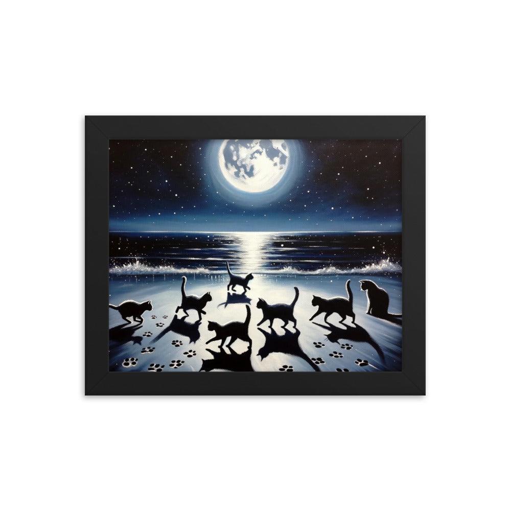 Cats Playing Tag on Moonlit Beach - Magical & Playful Framed Poster - Oh Posters