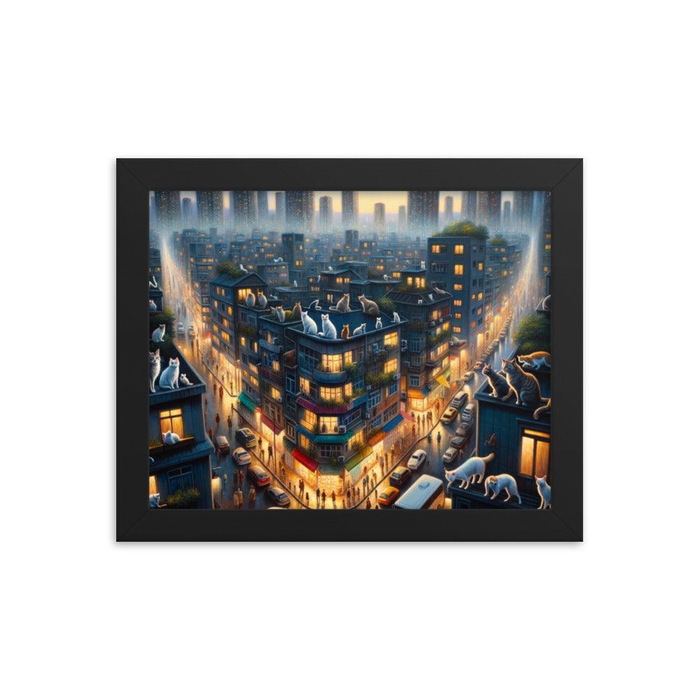 Cats' Twilight Cityscape Magical Glow Art Framed Poster - Oh Posters