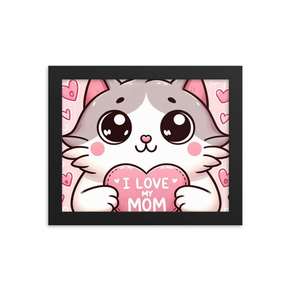 Cat Holding 'I Love My Mom' Sign on Lavender Heart Backdrop - Affectionate & Playful Framed Poster - Oh Posters