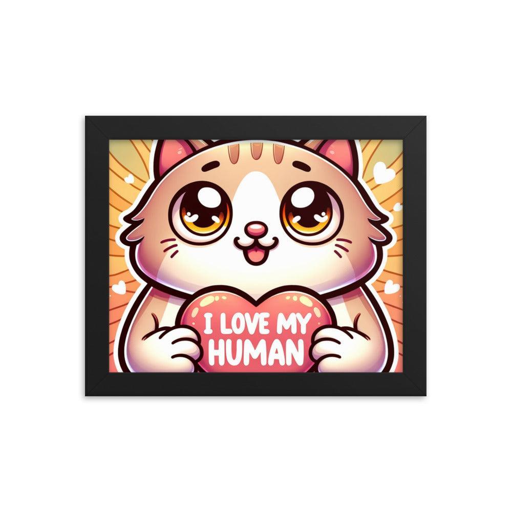 Cat with 'I Love My Human' Heart Sign on Warm Gradient - Affectionate Framed Poster - Oh Posters