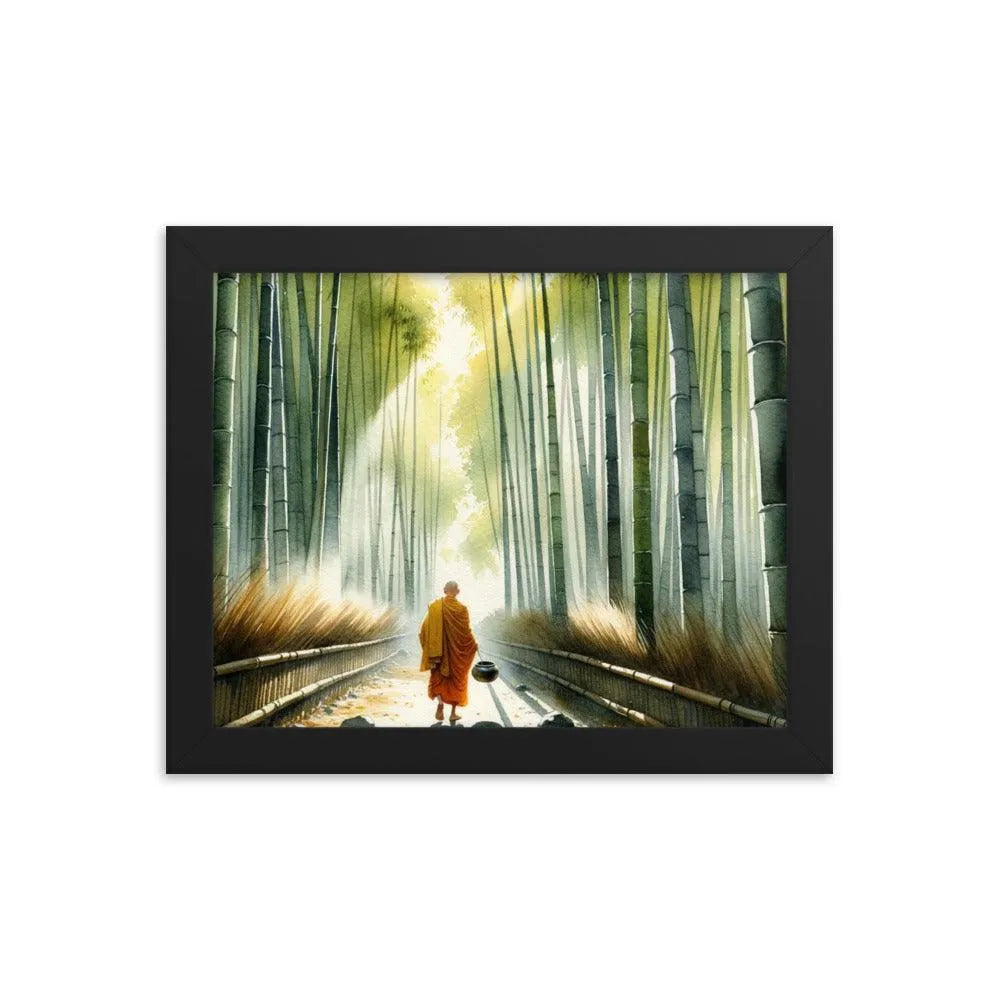 Monk in Bamboo Forest Collecting Dew - Serene Morning Reverie Framed Poster - Oh Posters