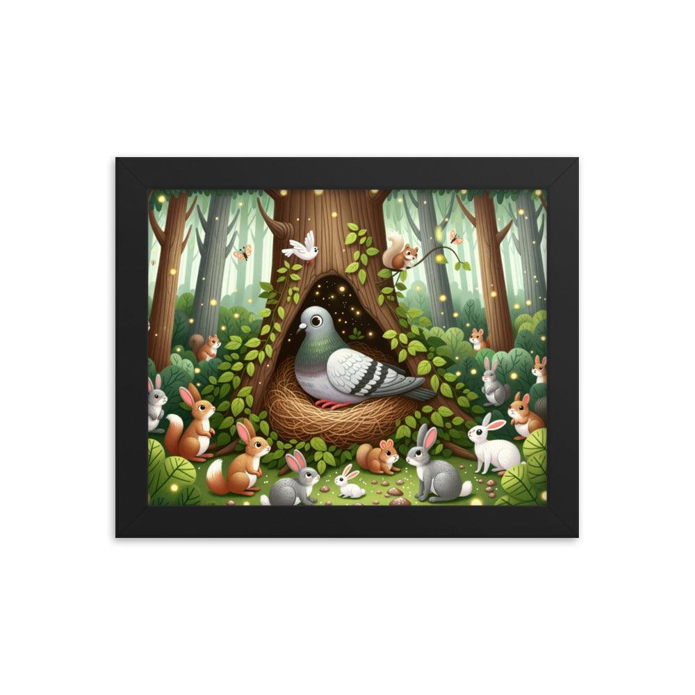 Pigeon in Forest Tree Hollow with Curious Creatures - Whimsical Woodland Framed Poster - Oh Posters