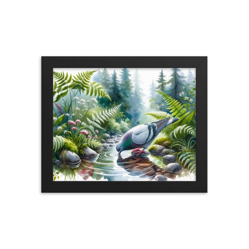 Pigeon Drinking from Forest Stream Art Framed Poster - Oh Posters