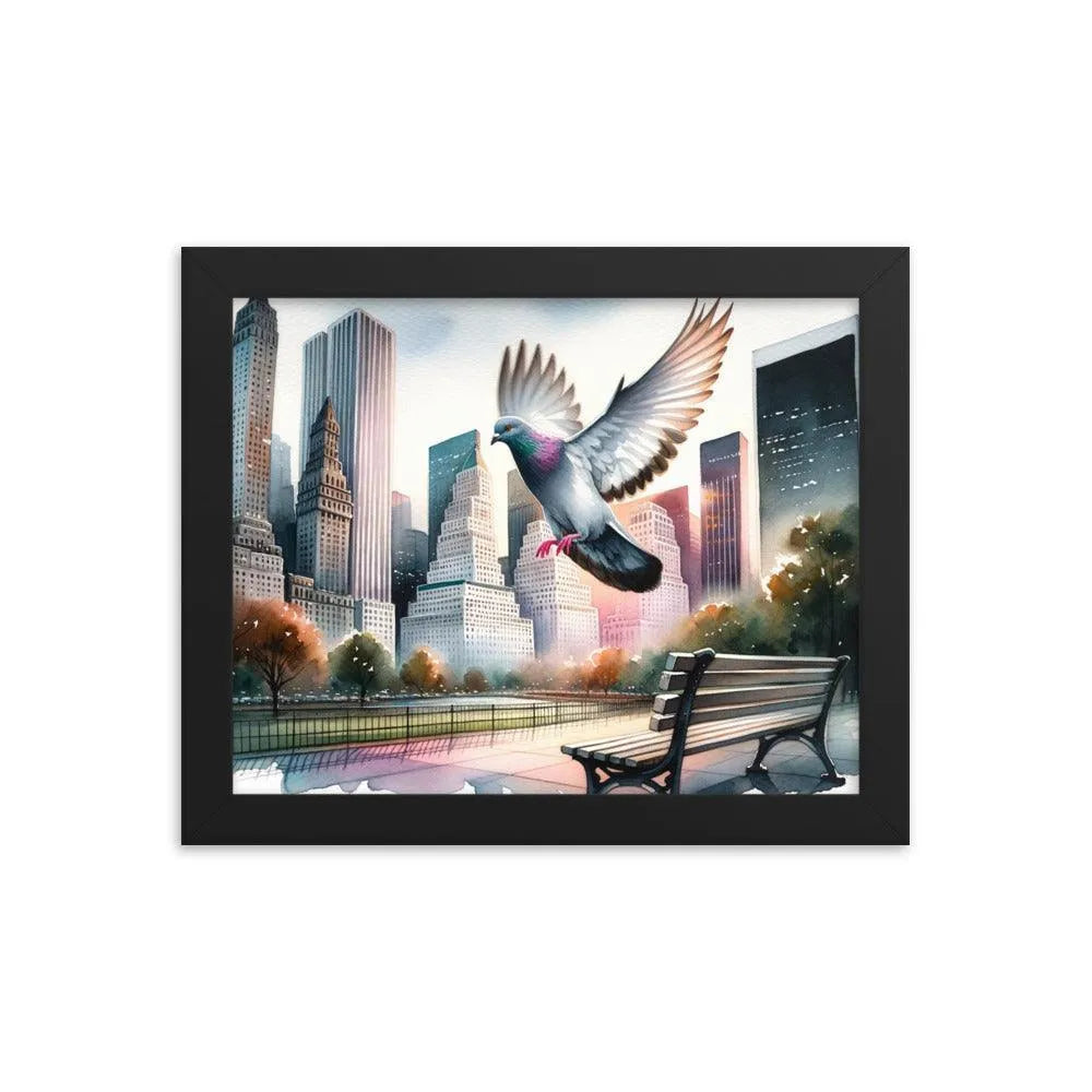 Urban Pigeon Over City Park Watercolor Illustration Framed Poster - Oh Posters