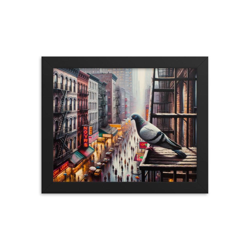 New York Pigeon Overlook Urban Scene Framed Poster - Oh Posters