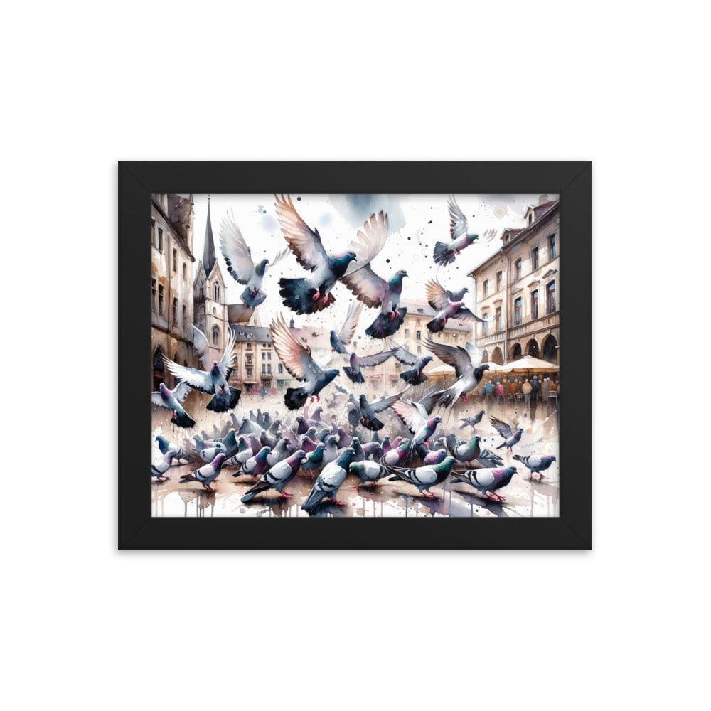 Pigeon Flock Dynamic Watercolor Cityscape Framed Poster - Oh Posters