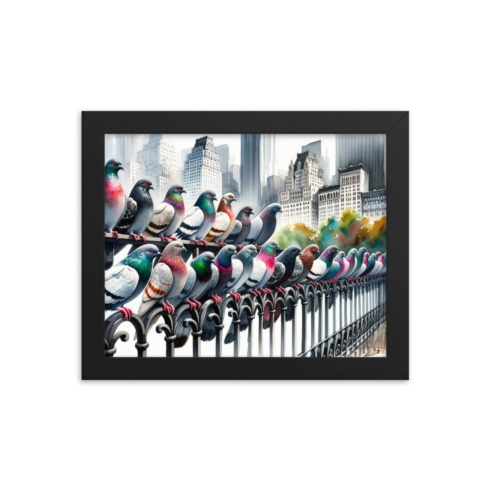 City Pigeons Flock Watercolor Skyline View Framed Poster - Oh Posters