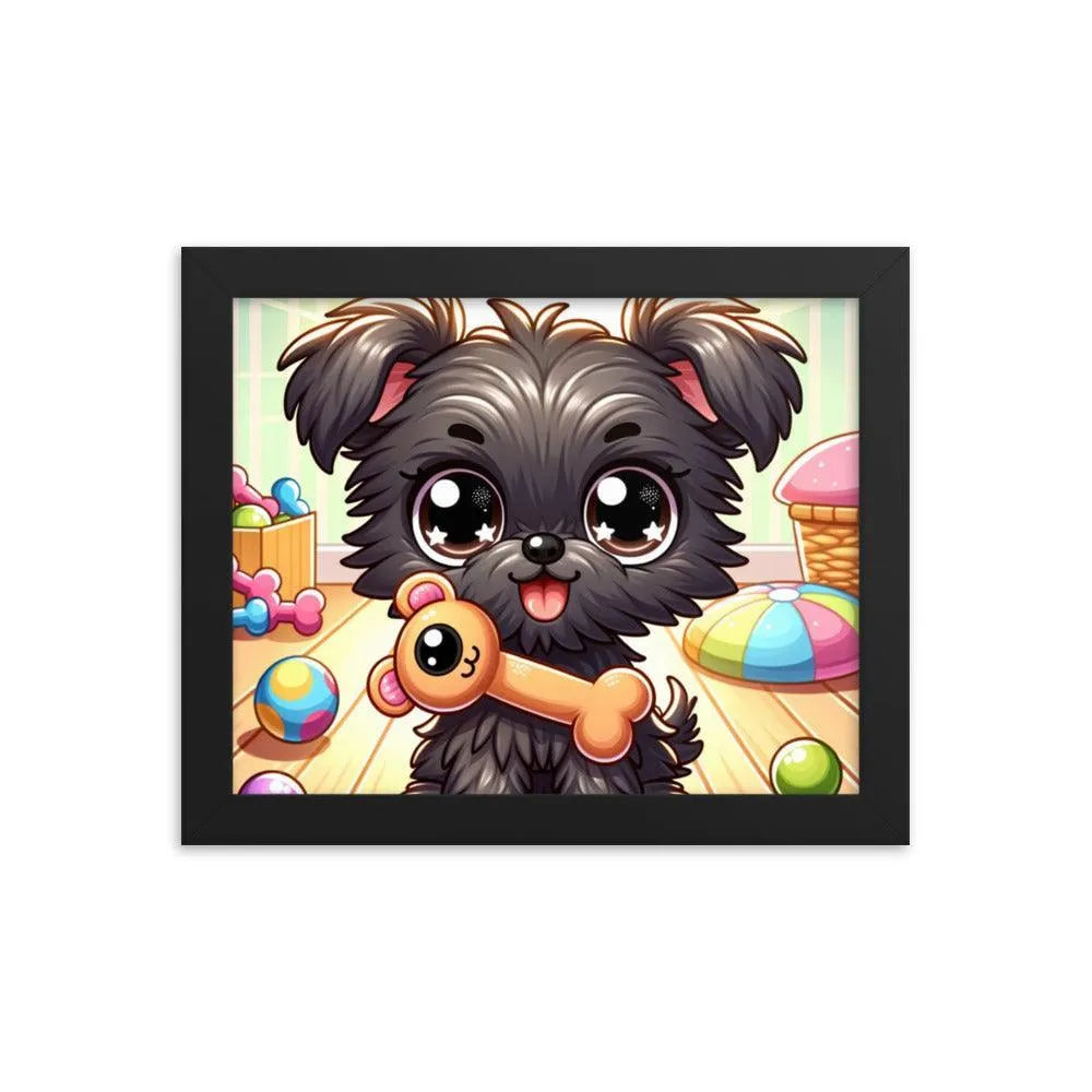 Cute Affenpinscher Puppy with Toy - Playful Charm in Cartoon Framed Poster - Oh Posters