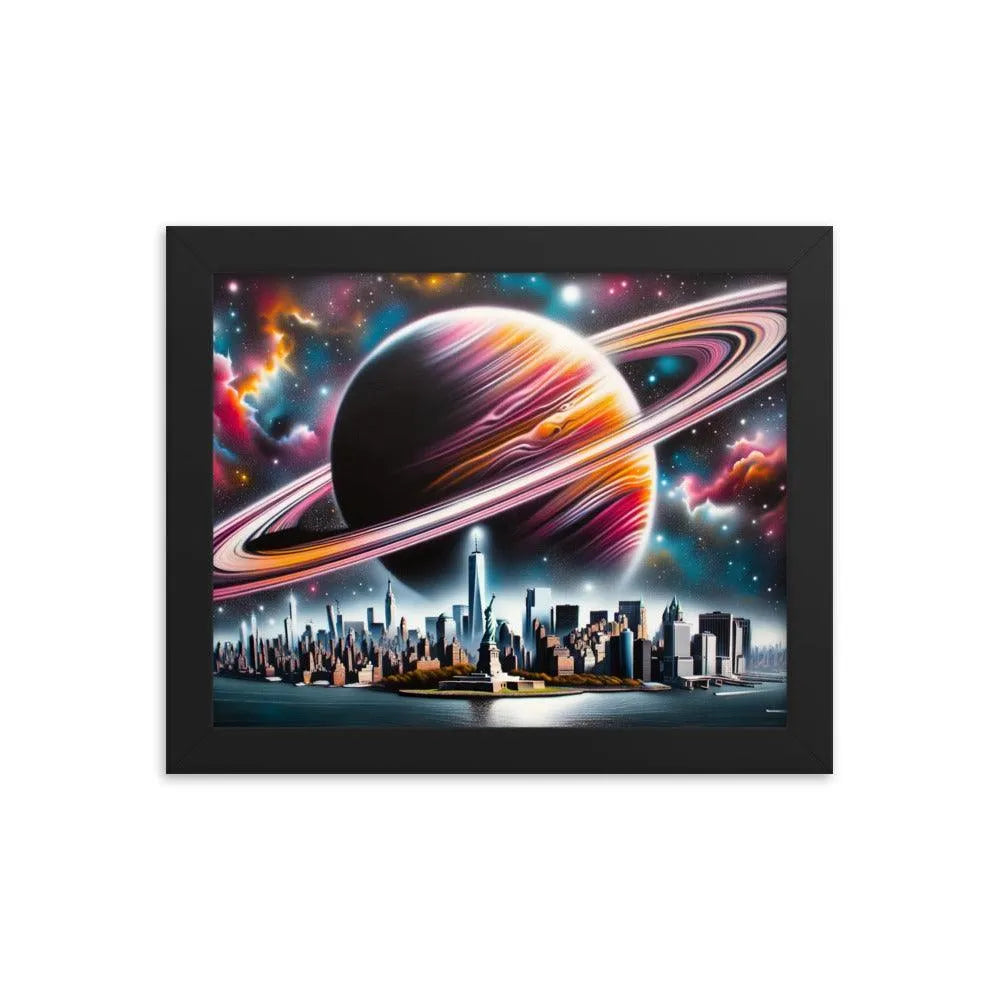 Futuristic New York City Skyline with Saturn Spray Paint Art Framed Poster - Oh Posters