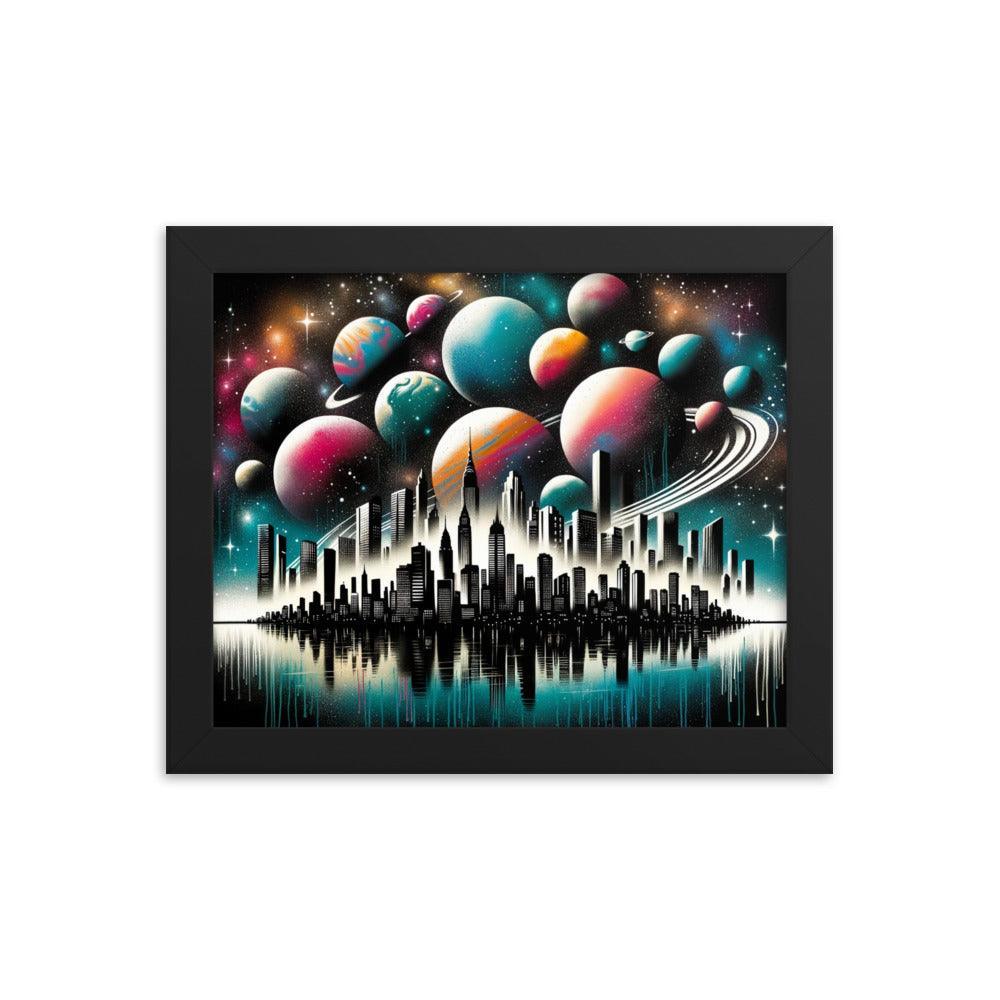 Cityscape Silhouette with Cosmic Planet Sky Spray Paint Art Framed Poster - Oh Posters