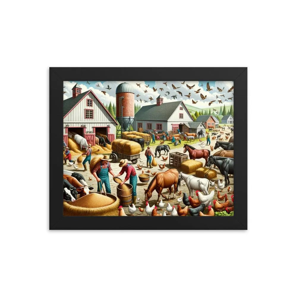 Lively Farmyard Feeding Time Illustration Framed Poster - Oh Posters