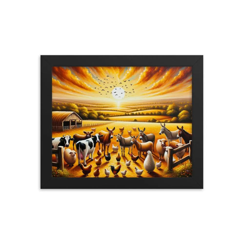 Golden Hour Farm Animals Acrylic Painting Framed Poster - Oh Posters